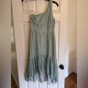 Green and White Striped One-Shoulder Dress